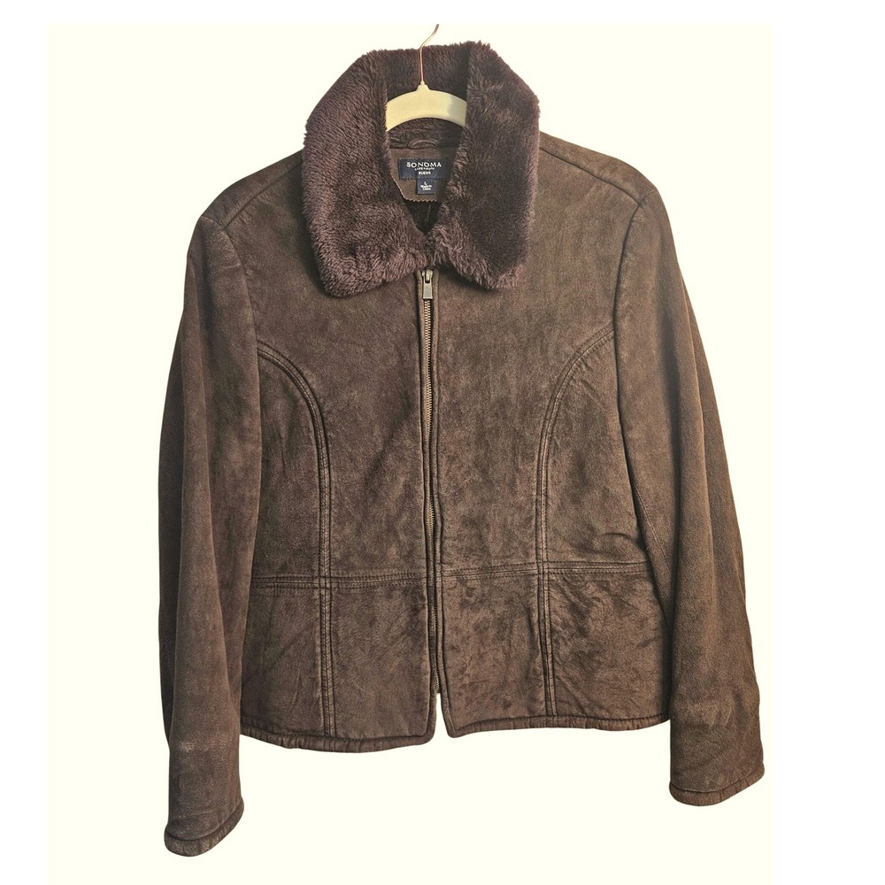 Sonoma Life Style Suede Fur Collar Zip Front Suede Jacket Women Sz L Brown‎ #544